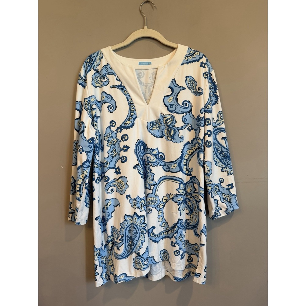J McLaughlin Size XL Blue White Paisley Print Top 3/4 Sleeve Catalina Cloth
